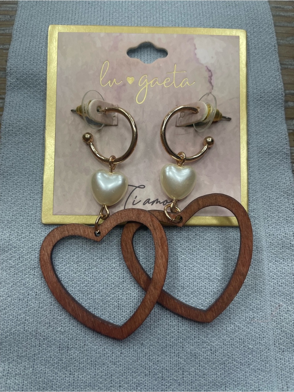 Gold Hoop Earrings with Pearl Heart and Brown Wood Heart Dangles